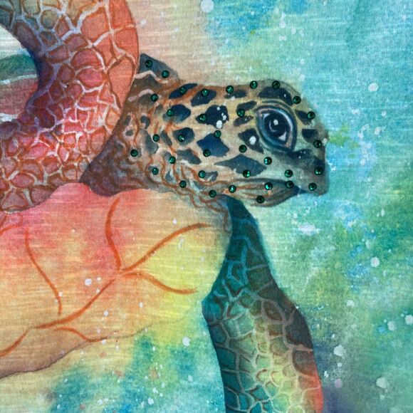 Coral Bay Tee Womens Small Colorful Turtle Fish Rhinestones 3/4 Sleeves - Picture 2 of 14